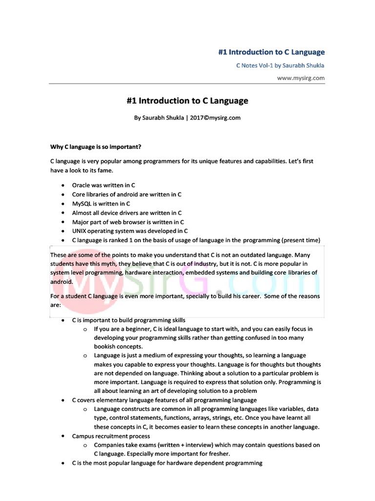  1 introduction to c language 1 introduction to c language pdf
