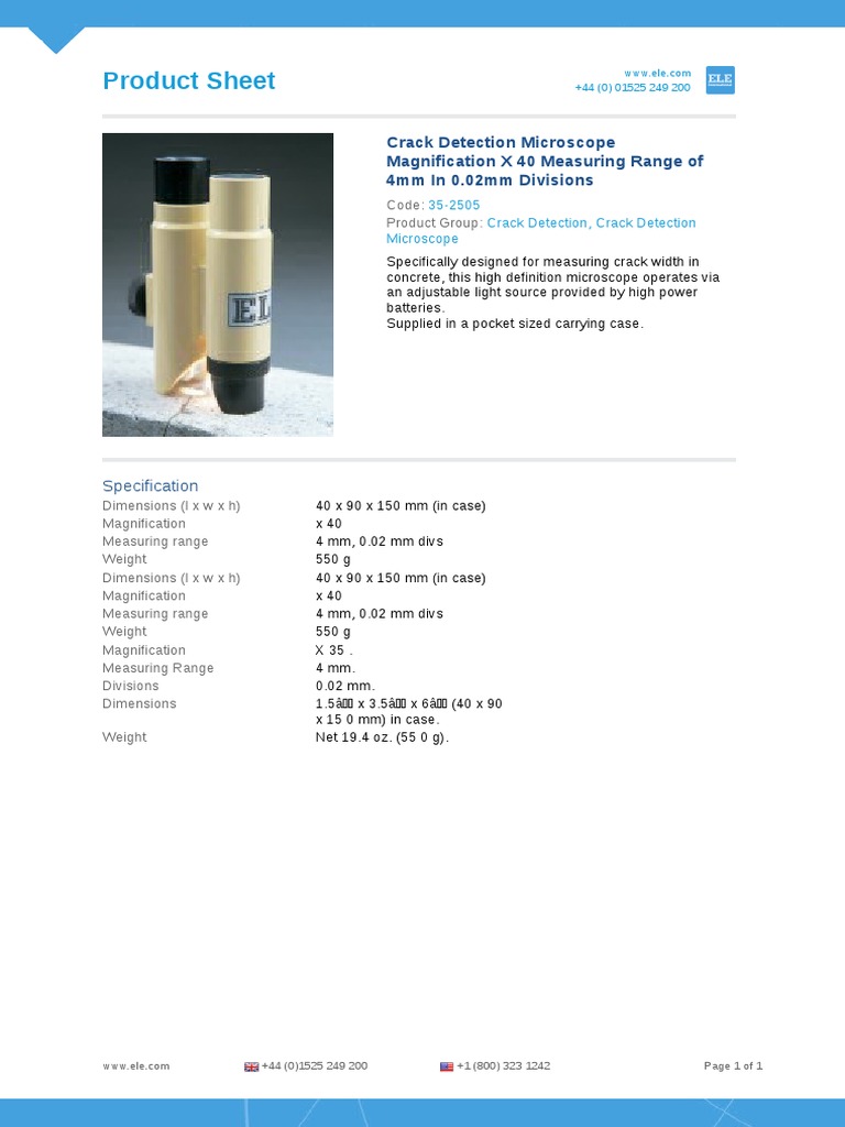 Product Sheet Crack Detection Microscope Magnification X 40 Measuring