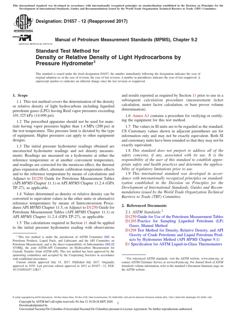 ASTM D1657 12 (2017) Standard Test Method For Density or Relative