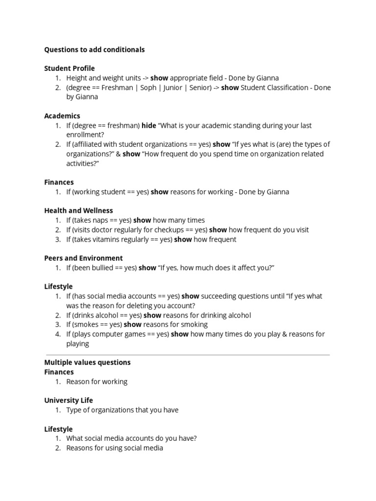Conditional Questions for Student Profiles | PDF | Career & Growth ...