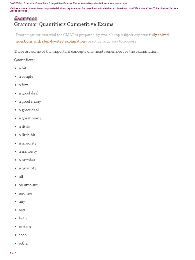Grammar Quantifiers for Competitive Exams | PDF