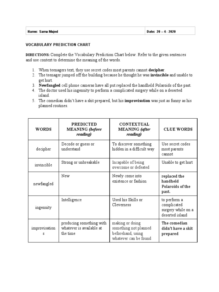 Vocabulary Prediction Chart | PDF | Cognition | Communication