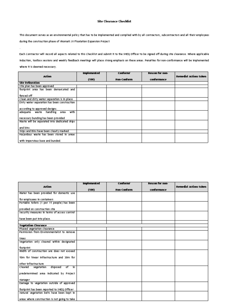 Site Clearance Checklist PDF Topsoil Waste