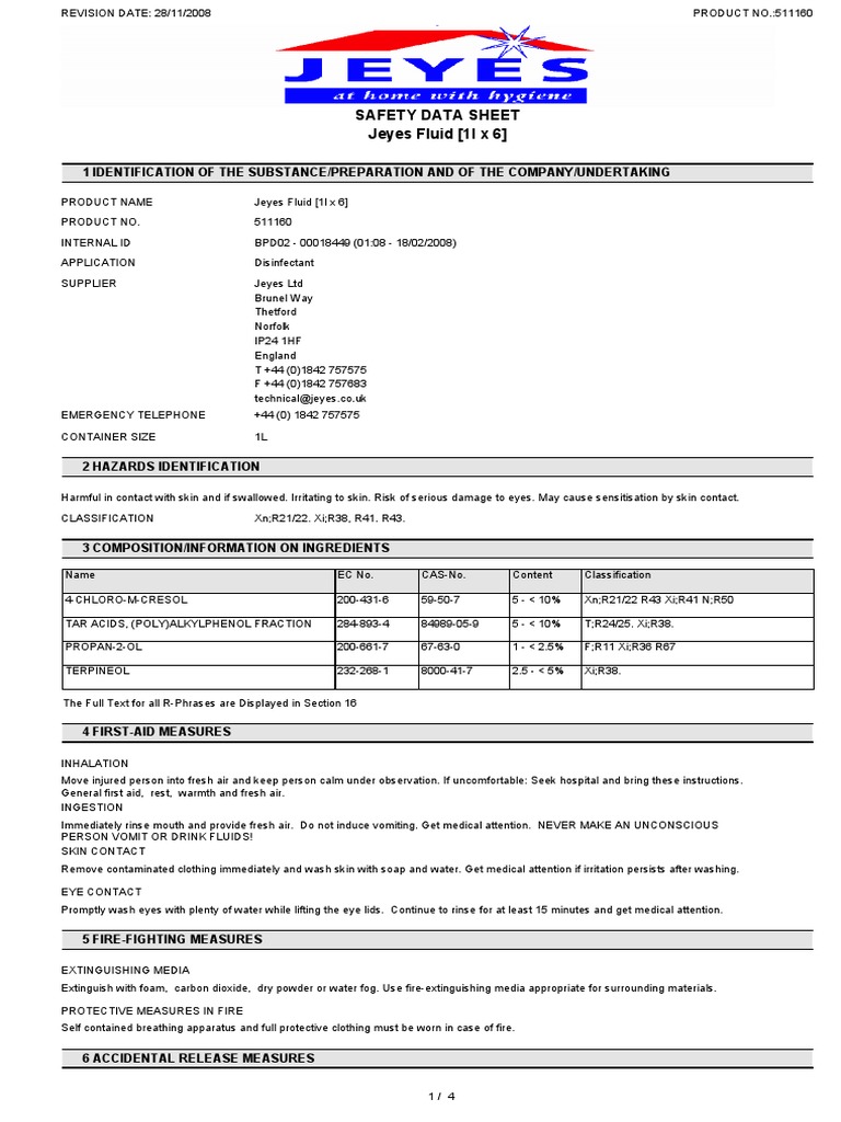 Safety Data Sheet Jeyes Fluid (1l X 6) 1 Identification of The