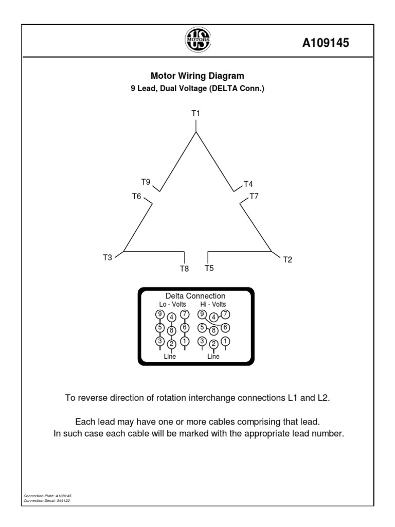 Motor Wiring Diagram: 9 Lead, Dual Voltage (DELTA Conn.) | PDF