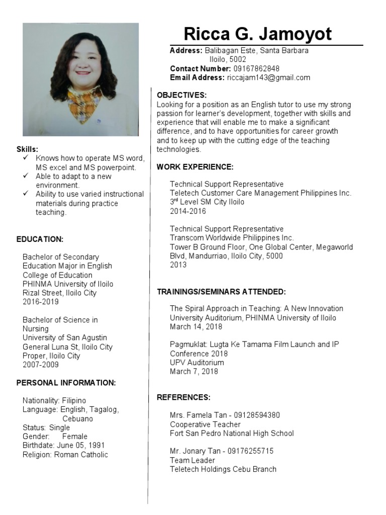 Ricca G. Jamoyot Address Balibagan Este, Santa Barbara Contact Number