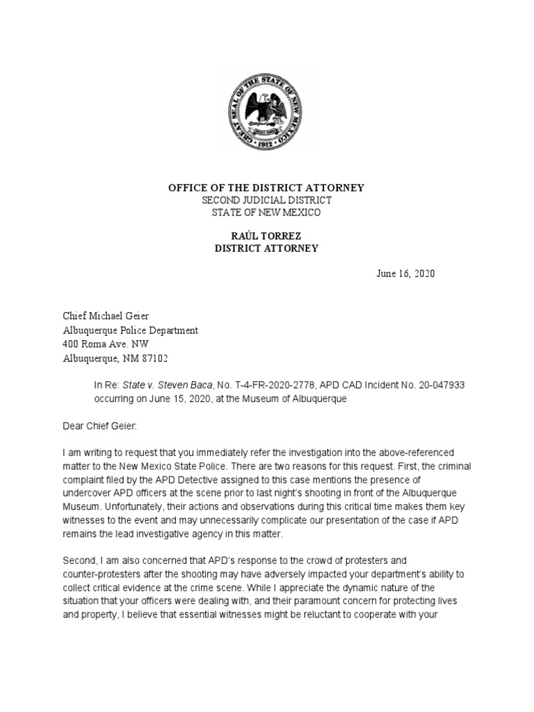 Letter To Chief Geier Re Steven Baca | PDF | Albuquerque Police ...