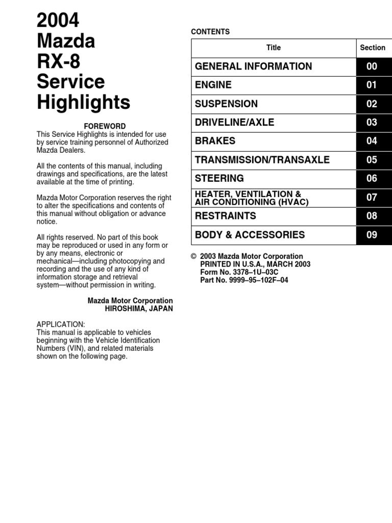 04 Mazda Rx 8 Service Highlights Throttle Fuel Injection