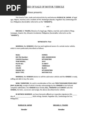 DEED OF SALE OF MOTOR VEHICLE