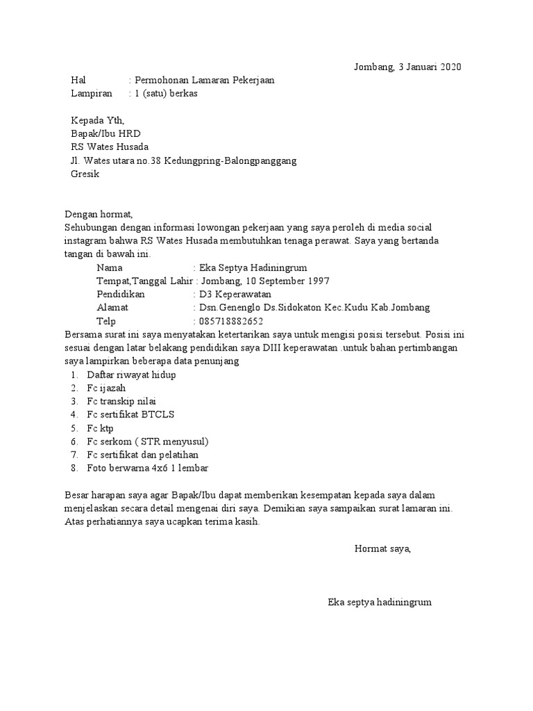 Surat Lamaran Pekerjaan Wates Husada Gresik | PDF