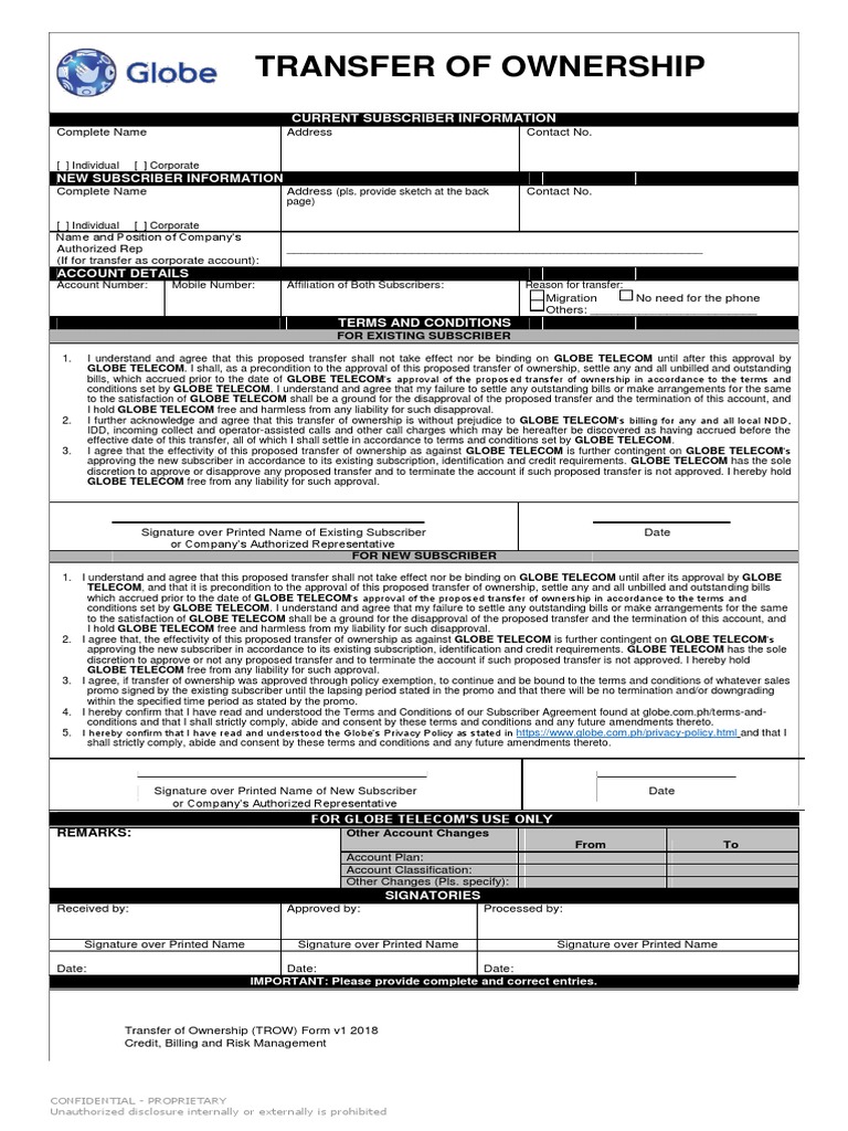 Globe Transfer of Ownership Form | PDF | Social Institutions | Social ...