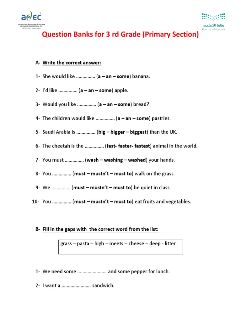 Question Banks For 3 RD Grade (Primary Section) : A-Write The Correct ...