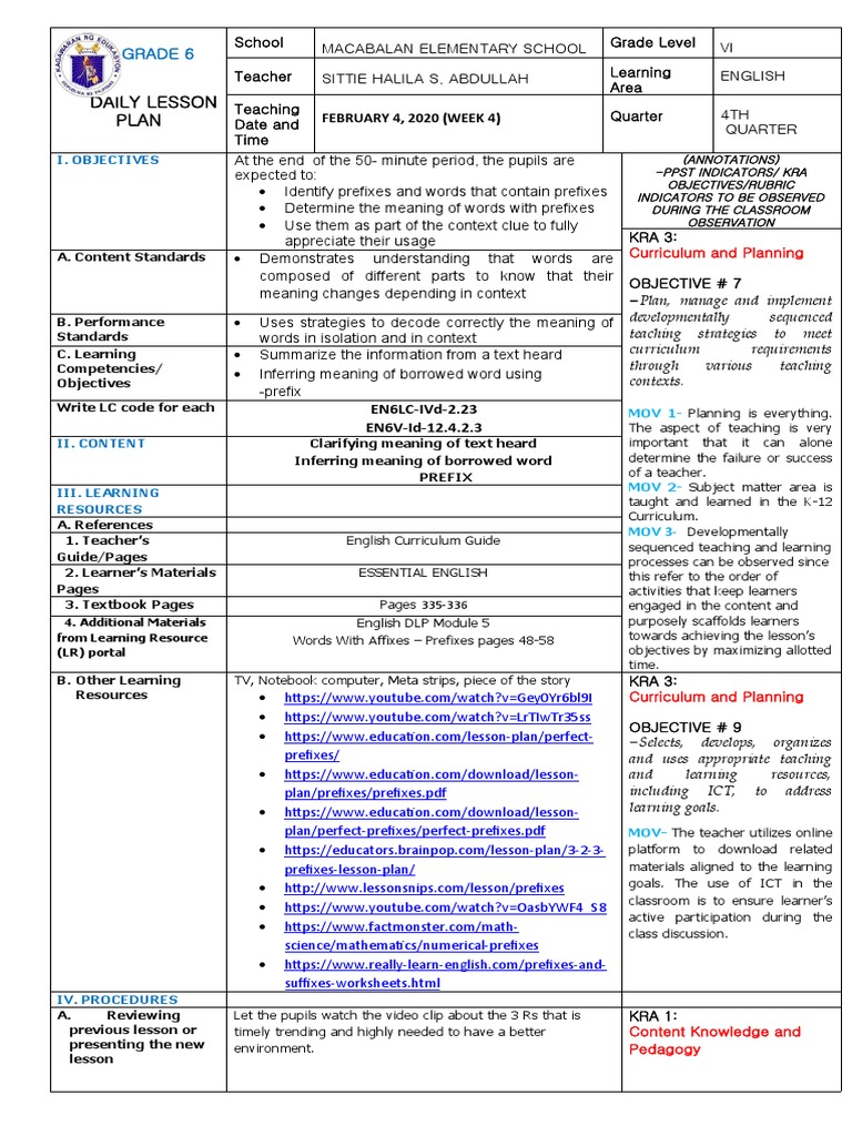 English Lesson Plan Based On Cot - RPMS | PDF | Curriculum | Teachers