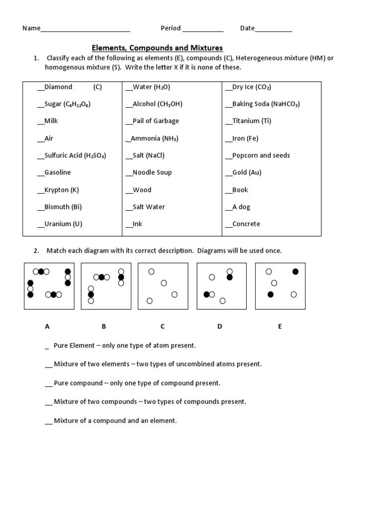 Elements Compounds Mixtures Worksheet 3a Pdf Mixture Chemical Substances