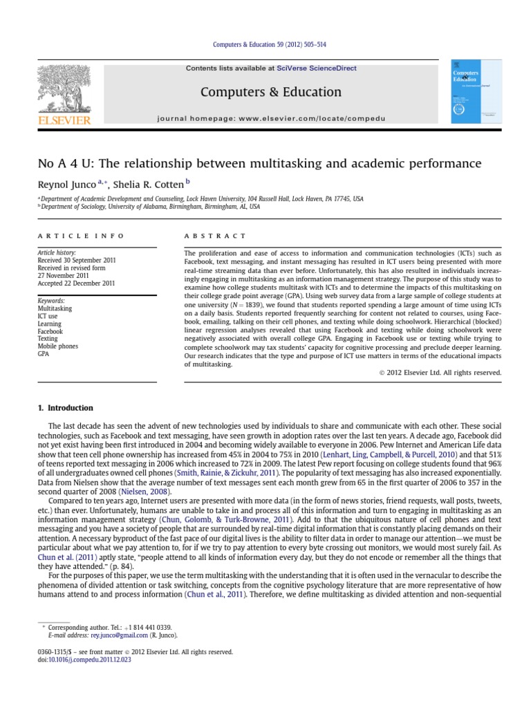 Multitasking's Impact on College GPA | PDF | Text Messaging | Attention