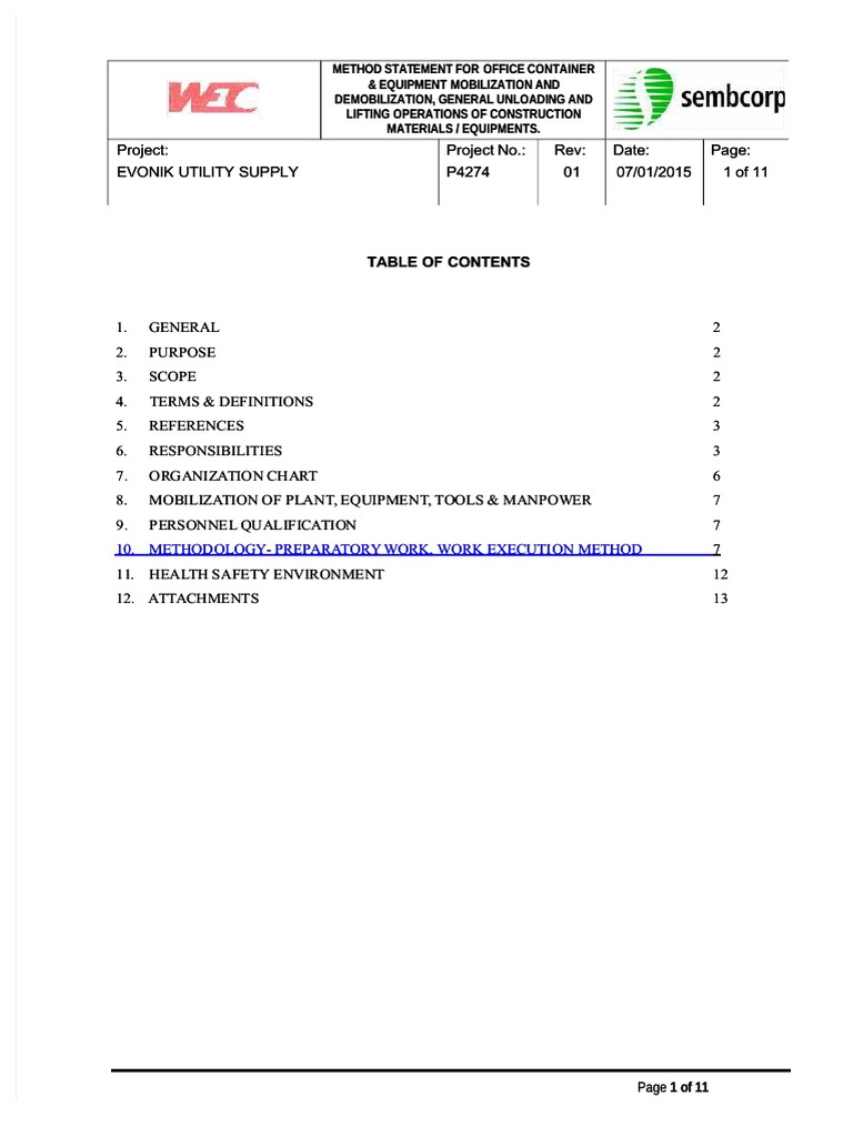 Equipment Mobilization Method Statement | PDF | Technology & Engineering