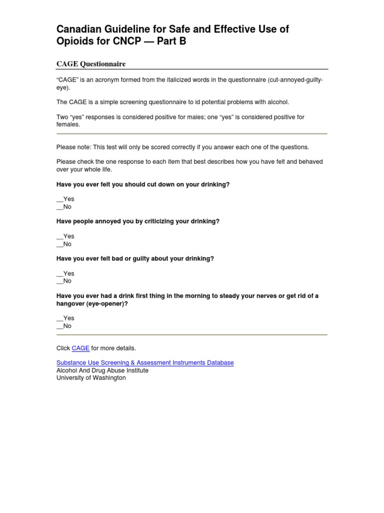 CAGE Questionnaire for Alcohol Screening | PDF