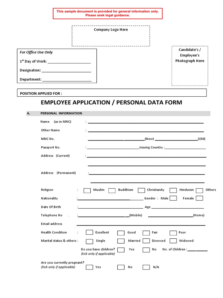 Employee Application / Personal Data Form: For Office Use Only | PDF ...
