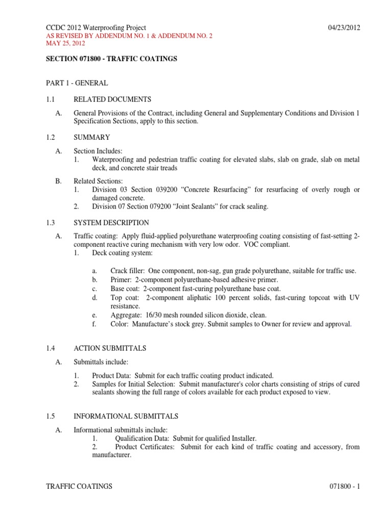 Traffic Coatings for Waterproofing Project | PDF | Traffic ...
