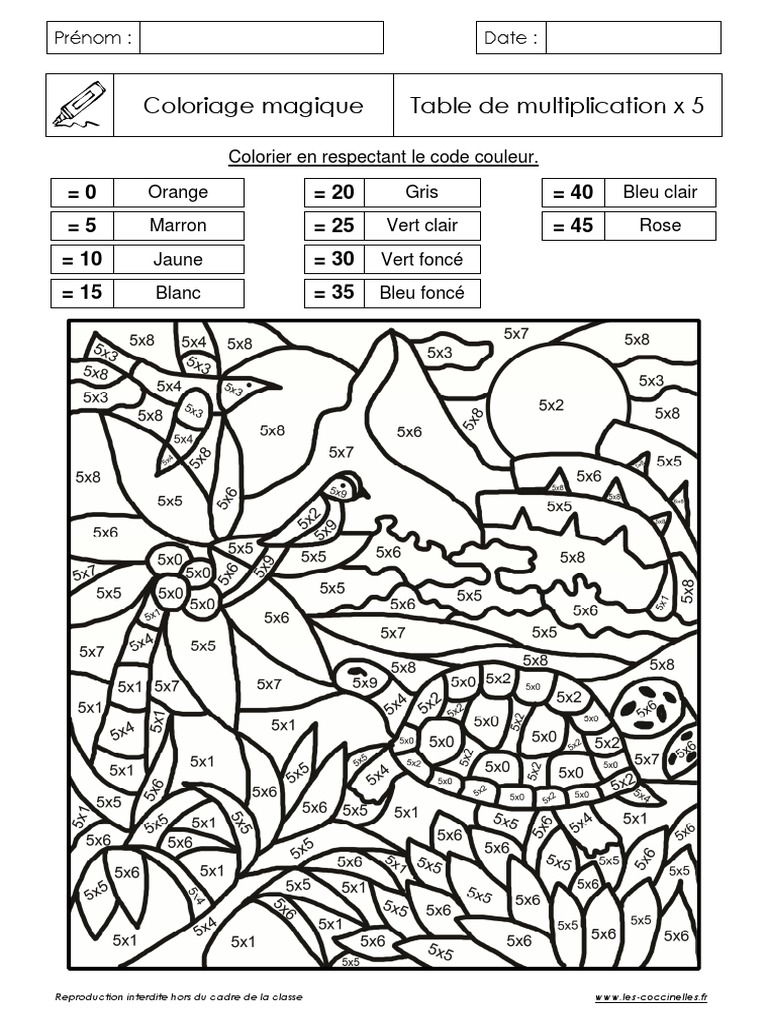 Coloriage Magique Table De Multiplication Cm1 Coloriage Magique Tortue Table Multiplication x5 PDF | PDF