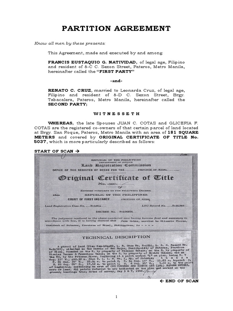 Partition Agreement for Land Division | PDF | Land Lot | Common Law