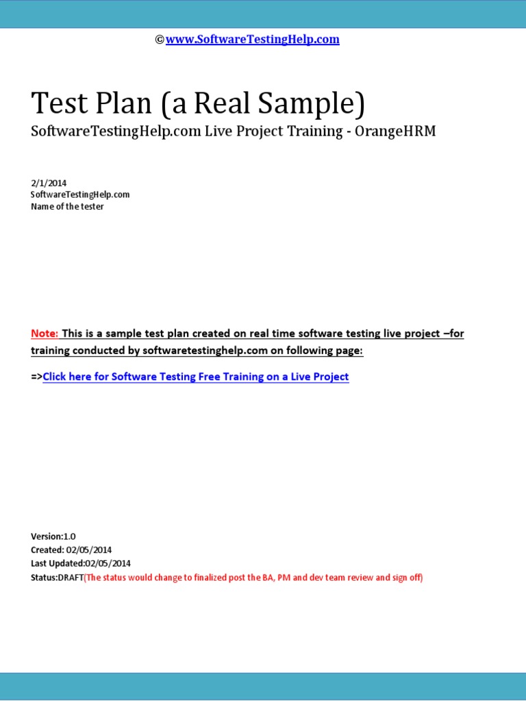 This Is A Sample Test Plan Created On Real Time Software Testing Live ...