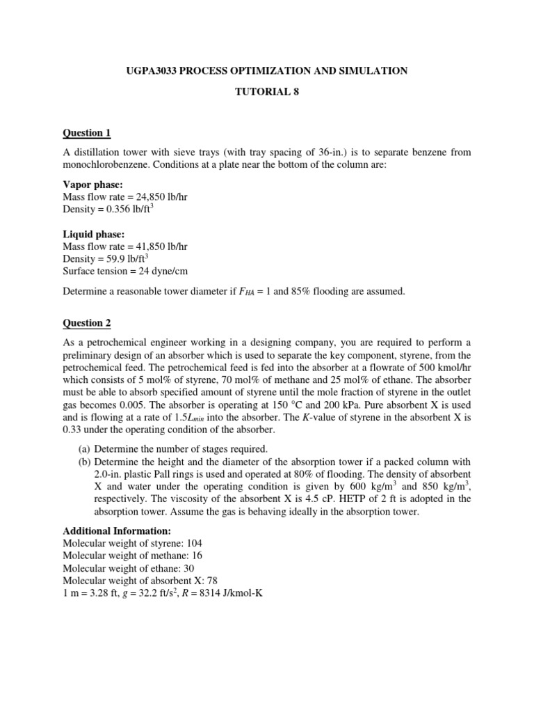 Ugpa3033 Process Optimization and Simulation Tutorial 8 | PDF