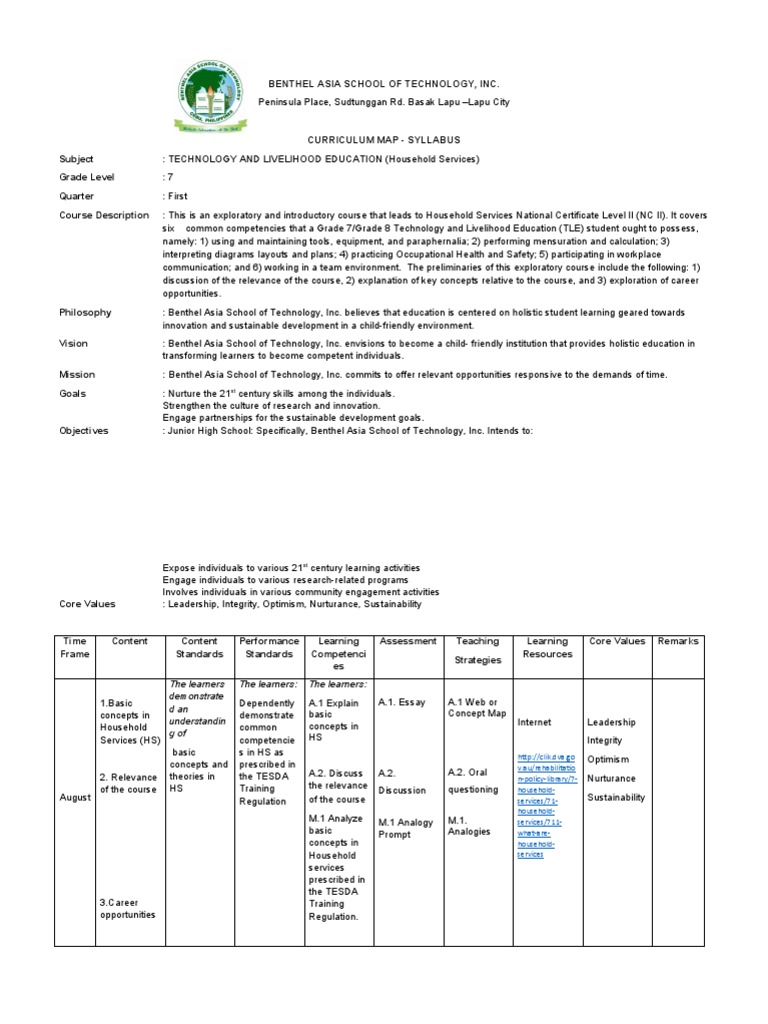 Grade 7 TLE Household Services Syllabus | PDF | Occupational Safety And ...