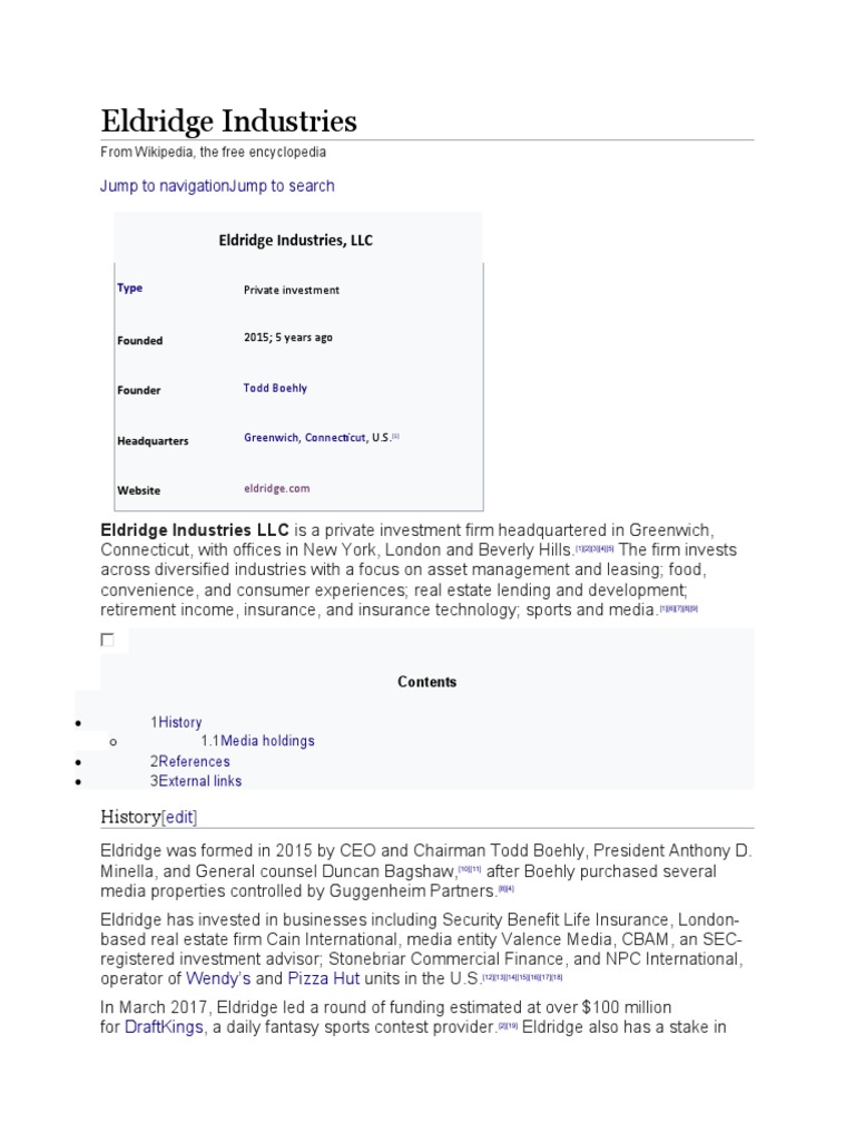 Eldridge Industries, LLC PDF Companies Financial Services