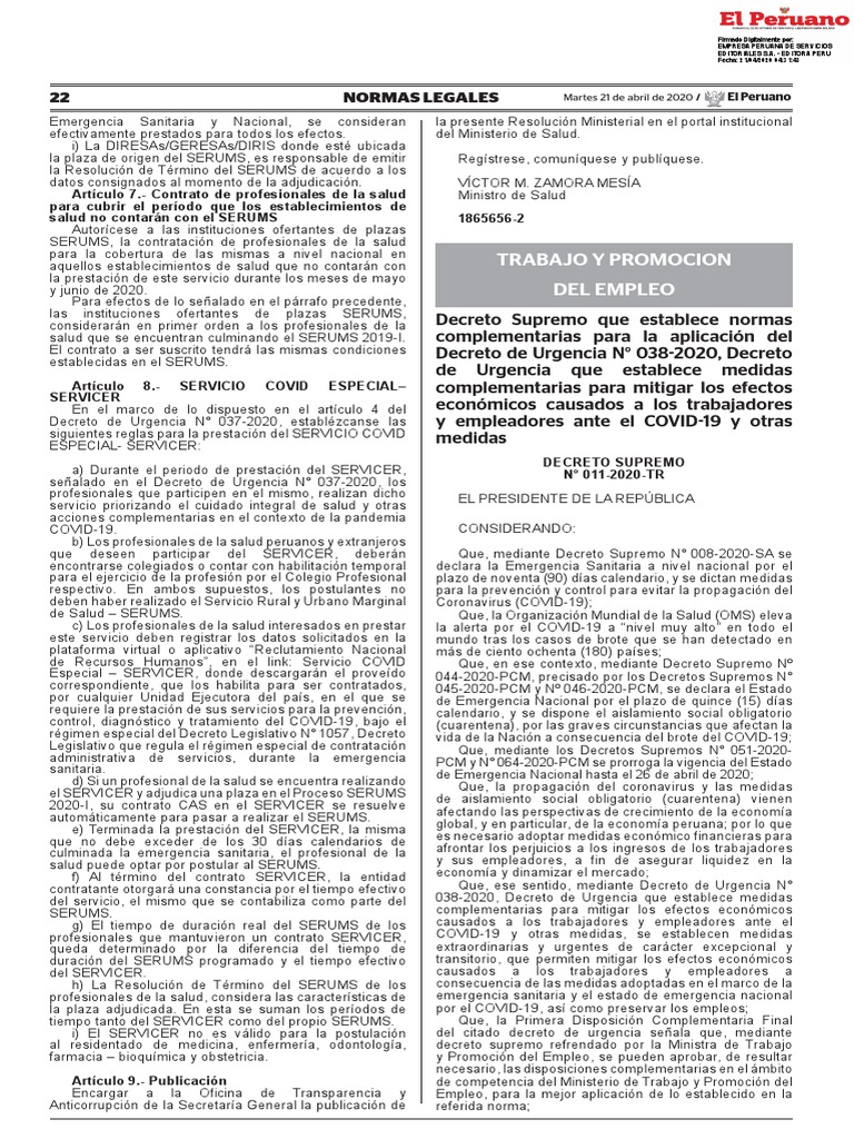 Decreto Supremo Que Establece Normas Complementarias para La Decreto ...