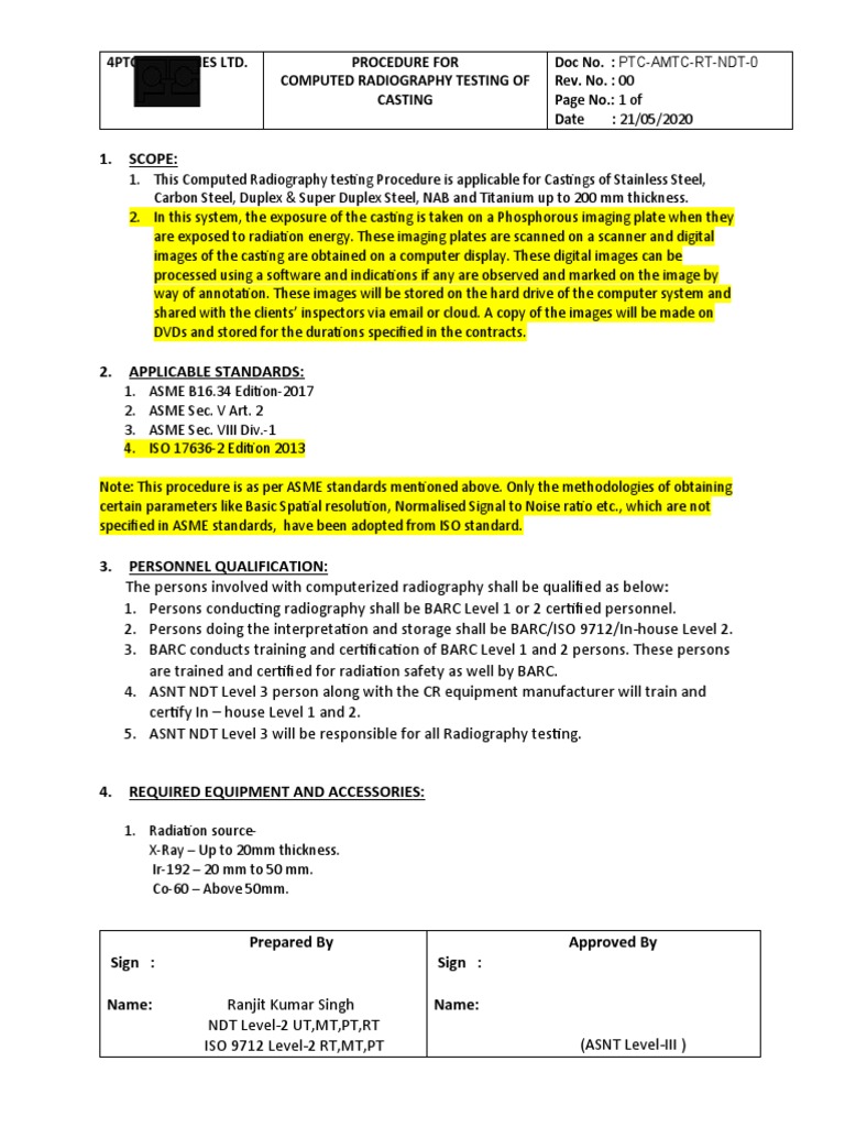 RT Procedure For CR - Rev.1 | PDF | Radiography | Nondestructive Testing