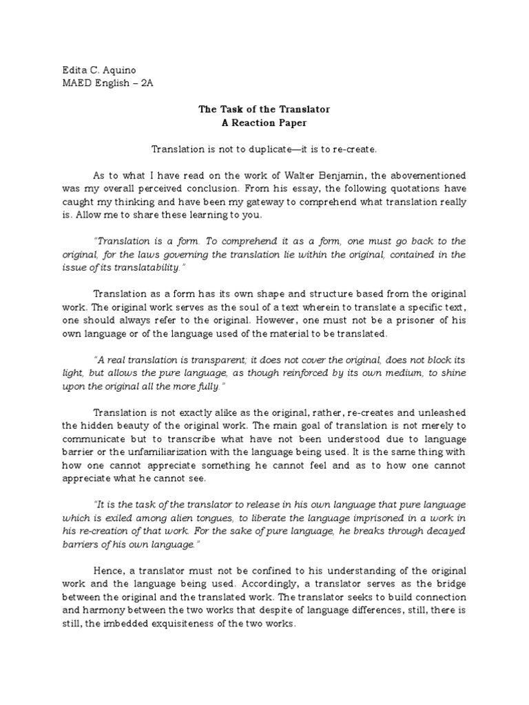 The Task of The Translator A Reaction Paper | PDF