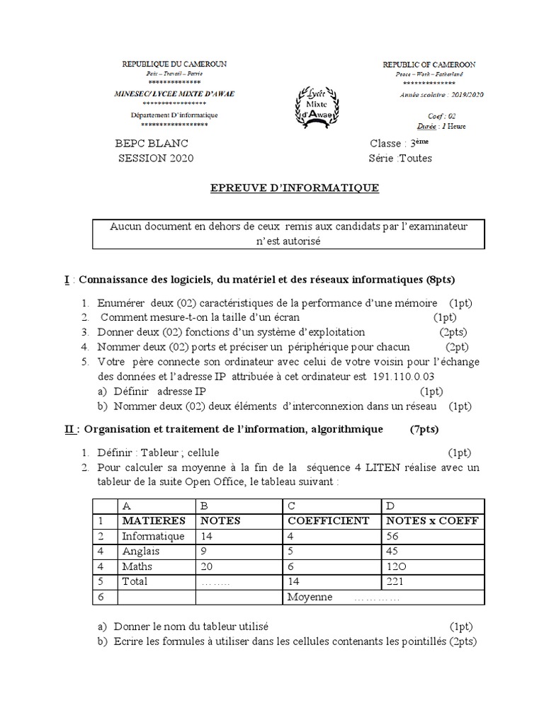 Test D entrée En Seconde Français+corrigé Pdf 2020 Bepc Blanc 2020 Lyma | PDF | Informatique | Feuille de calcul