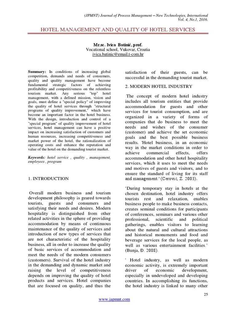 Hotel Management and Quality of Hotel Services: Vocational School ...