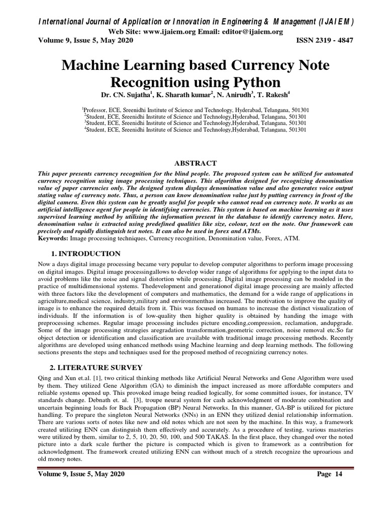 Machine Learning Based Currency Note Recognition Using Python | PDF ...