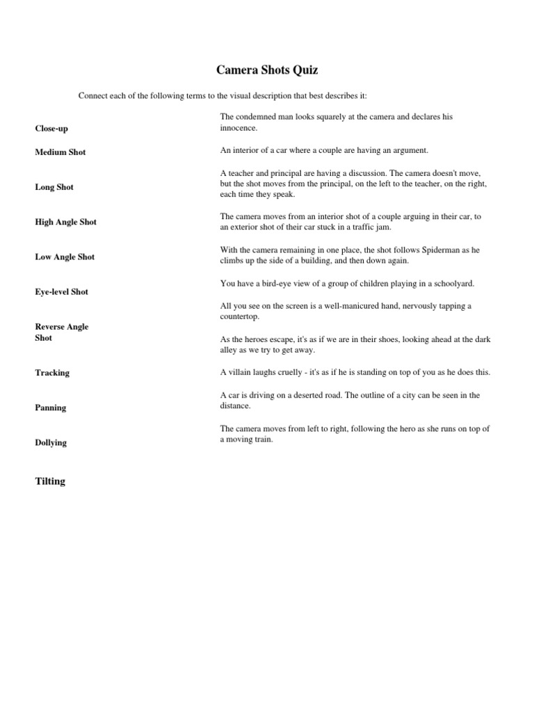 Camera Shots Quiz PDF