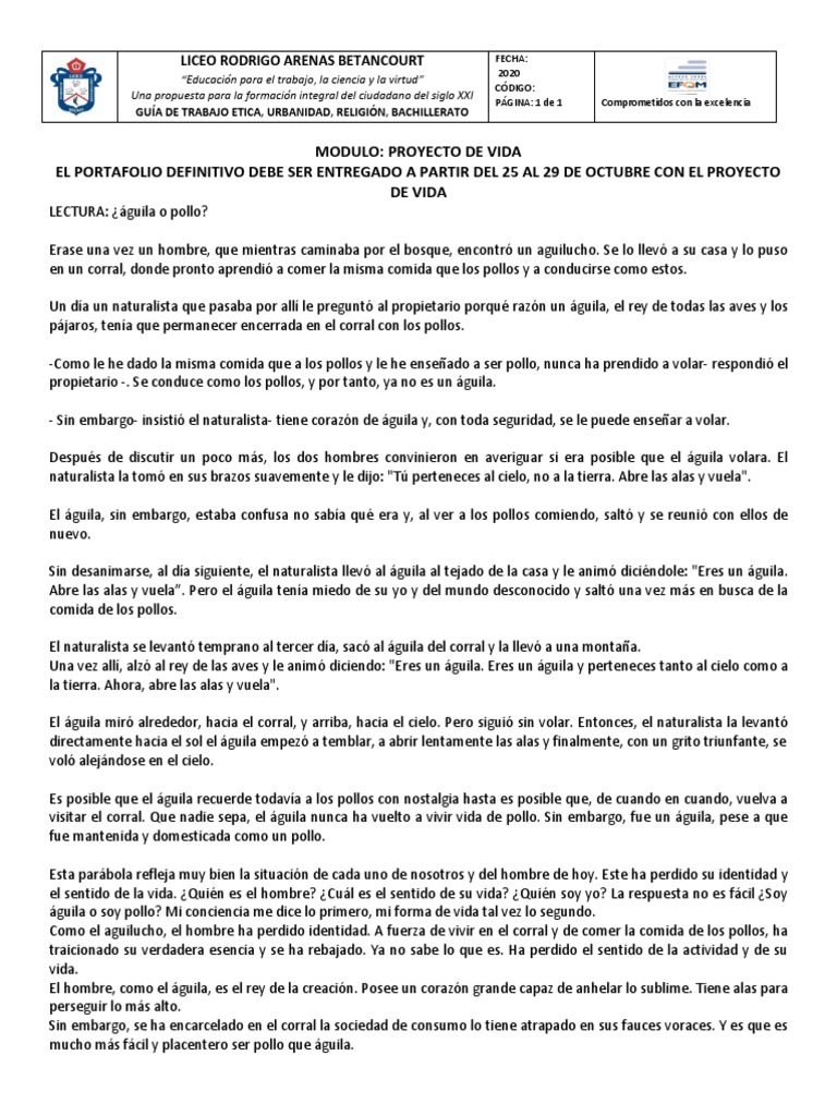 MODULO Proyecto de Vida 2020 GRADO ONCE | PDF | Vida | Pollo