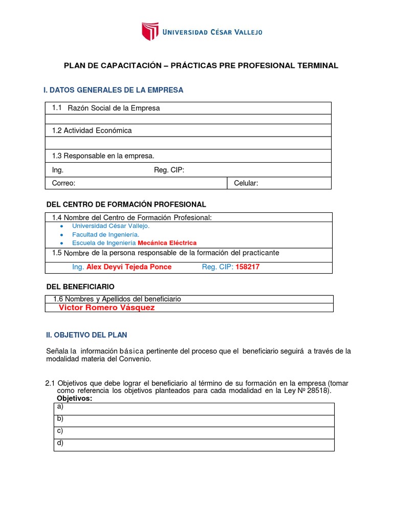 Formato 1 Modelo de Plan de Capacitacion Predominio de Universidad PDF ...