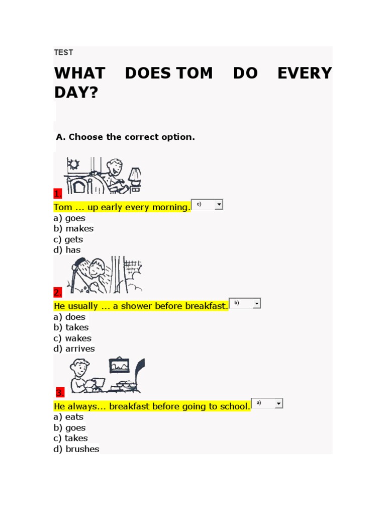 Tom's Daily Routine Quiz | PDF