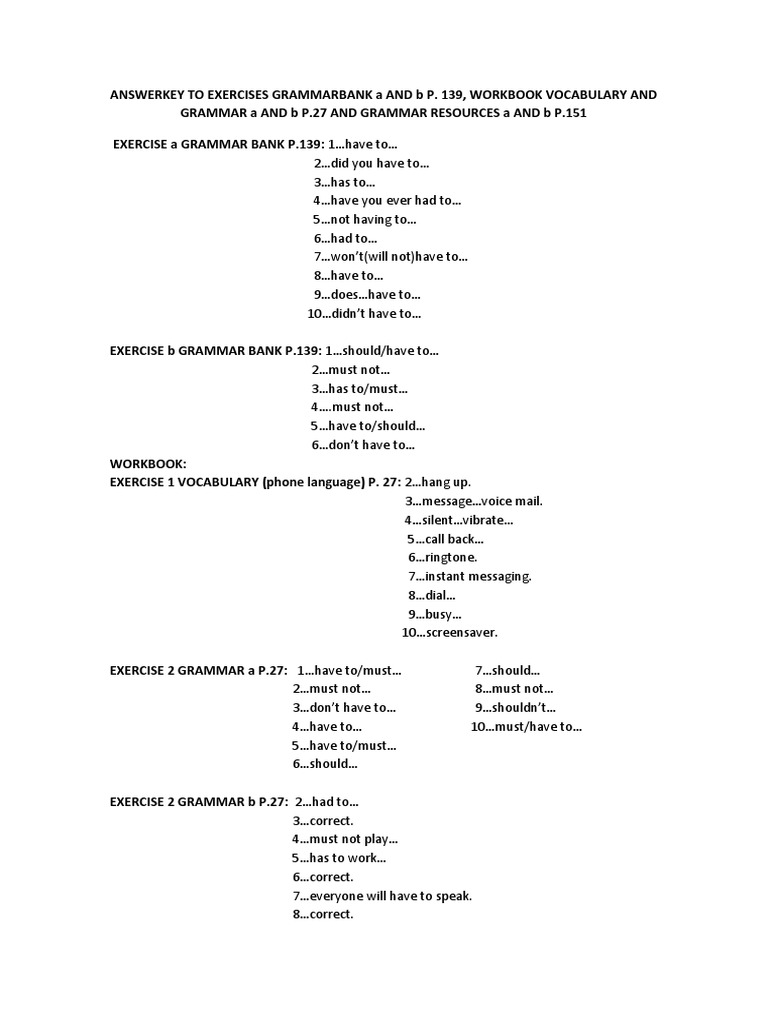 Answerkey To Exercises Grammarbank A And B P Telephony Communication