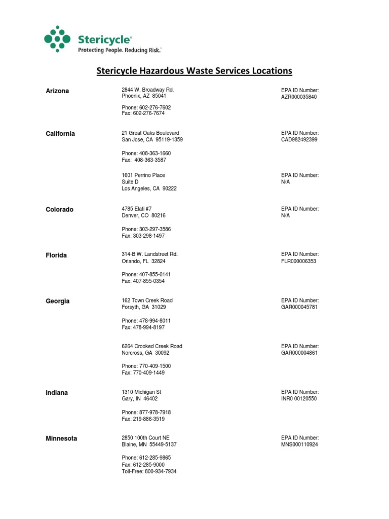 Stericycle Hazardous Waste Locations PDF The United States