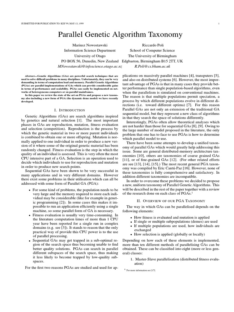 Parallel Genetic Algorithm Taxonomy: Mnowostawski@Infoscience - Otago ...