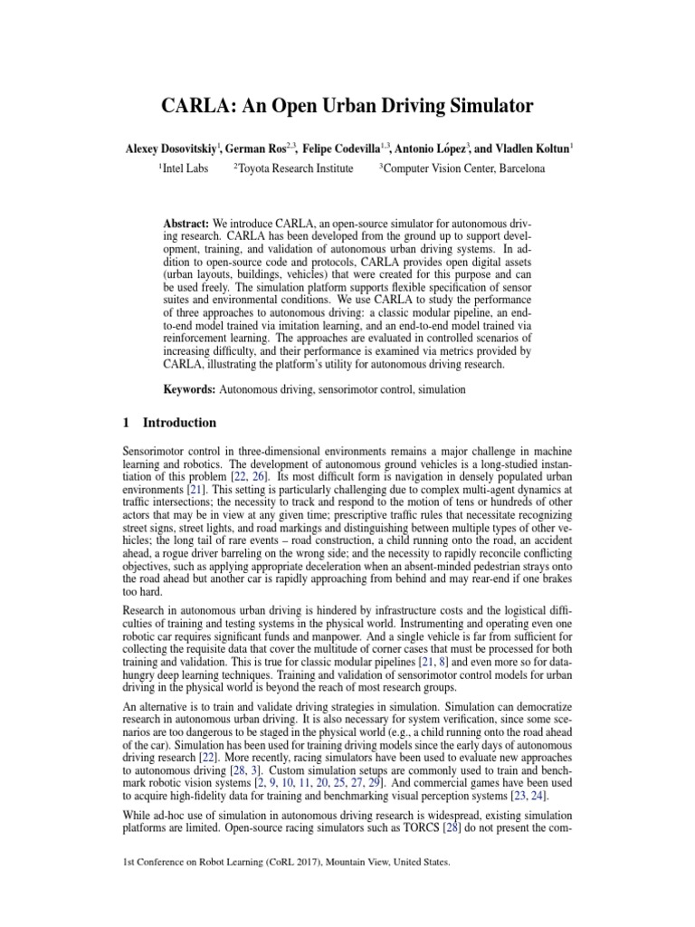CARLA: Open Simulator for Urban Driving | PDF | Technology & Engineering