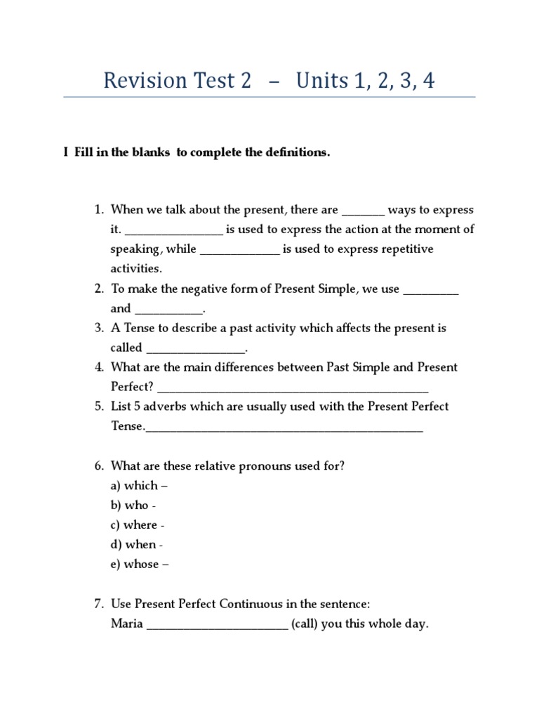 Revision Test 2 - Units 1, 2, 3, 4: I Fill in The Blanks To Complete ...