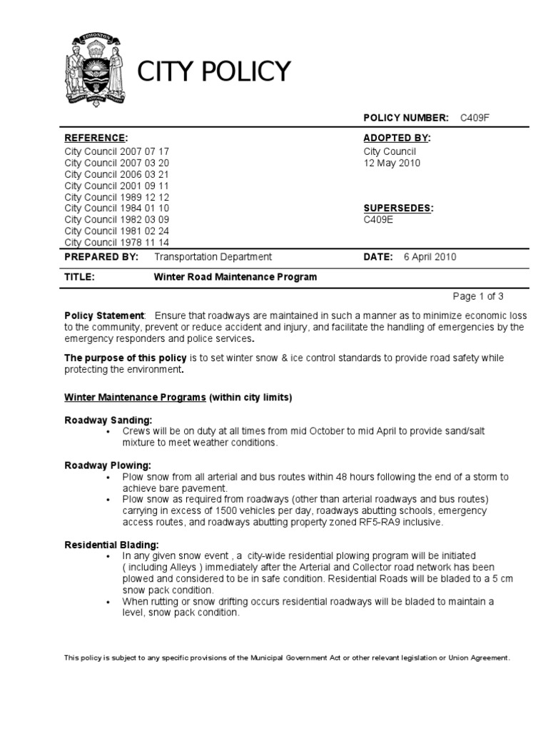 Winter Road Maintenance Policy | PDF | Road | Snow