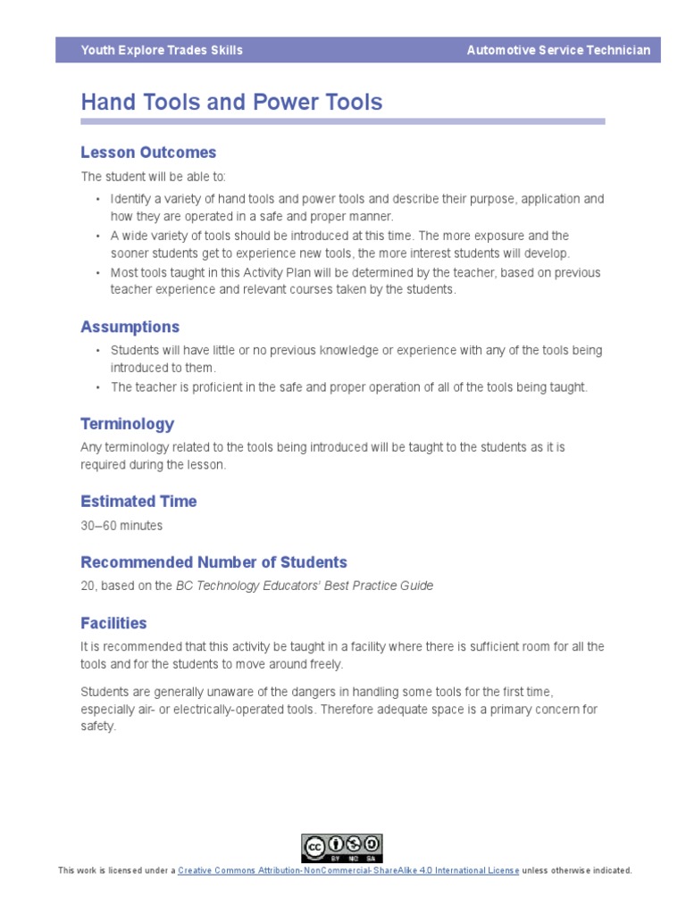 Hand Tools and Power Tools: Lesson Outcomes | PDF | Home & Garden