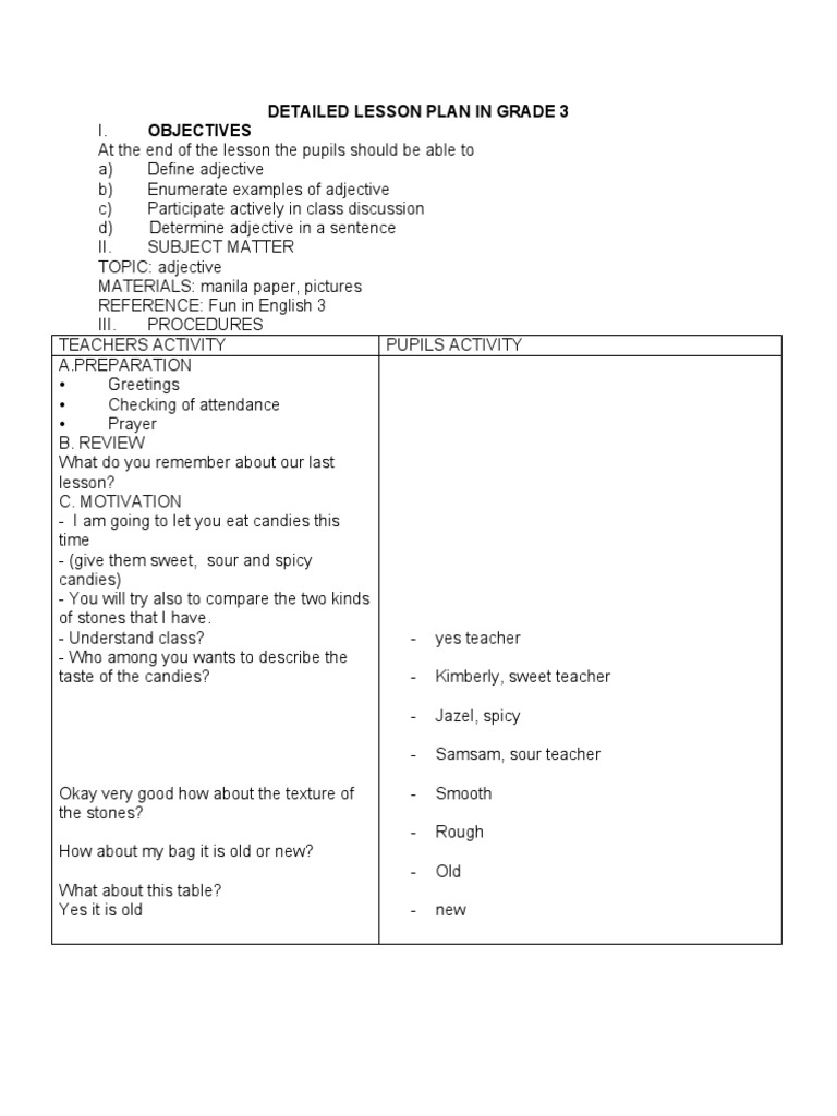 Detailed Lesson Plan in Grade 3 Objectives | PDF | Language Arts ...