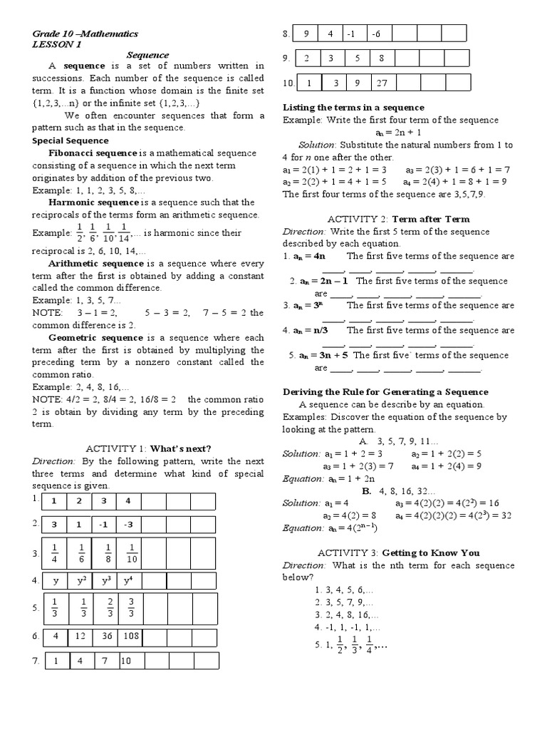 Grade 10 Mathematics Lesson 1 Sequence PDF
