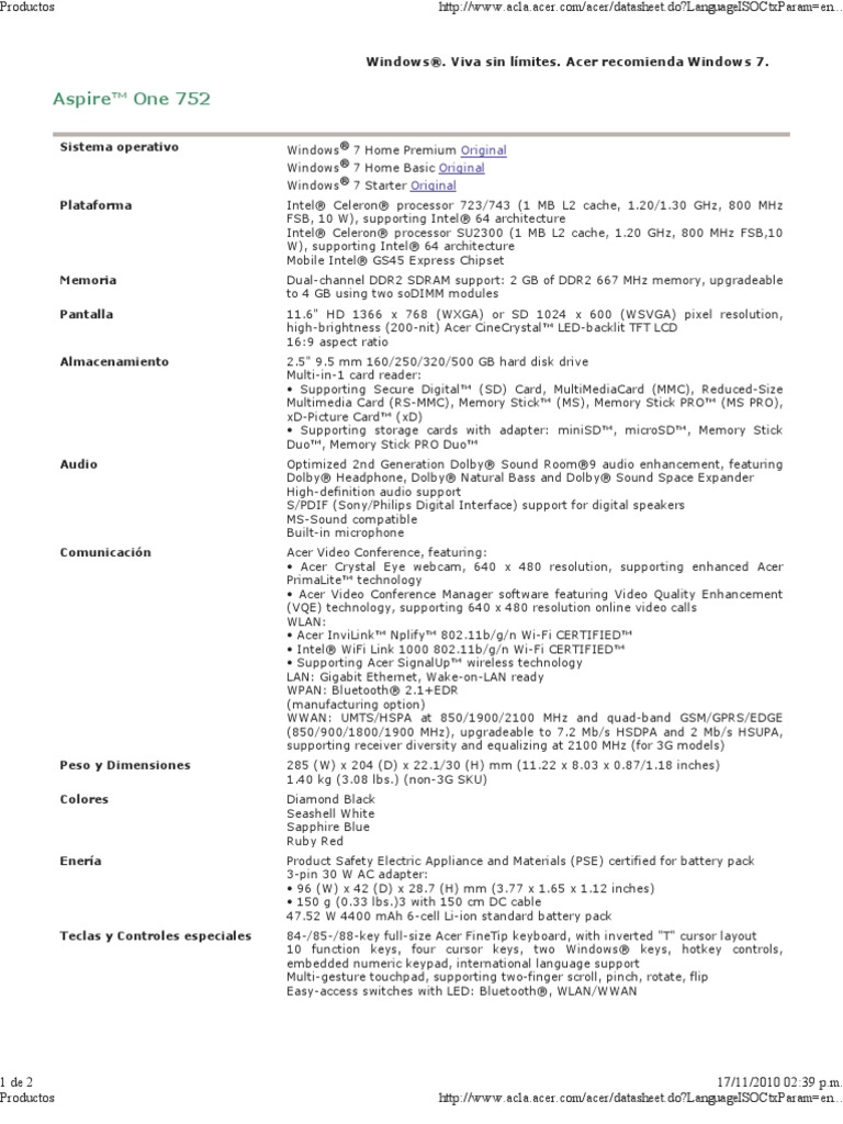 Acer Aspire One 752 | Secure Digital | Office Equipment