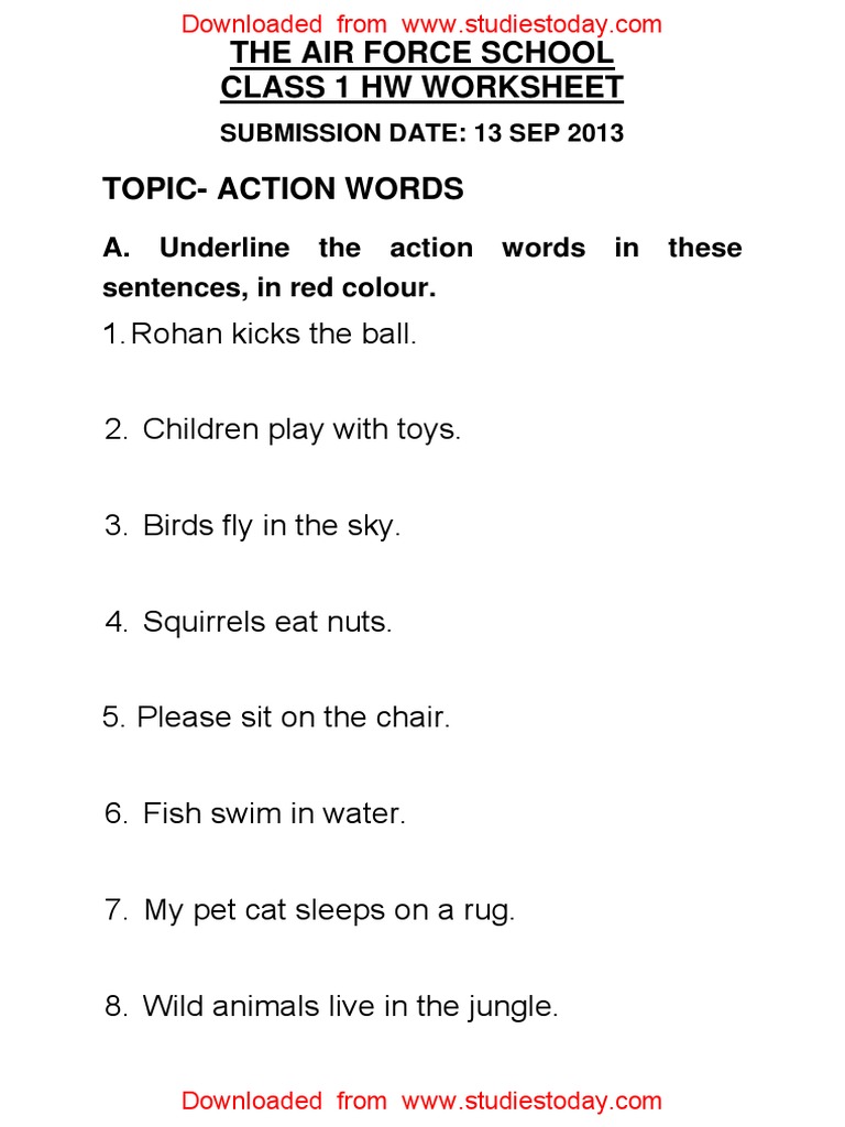 cbse class 1 english worksheets 50 action words pdf pdf
